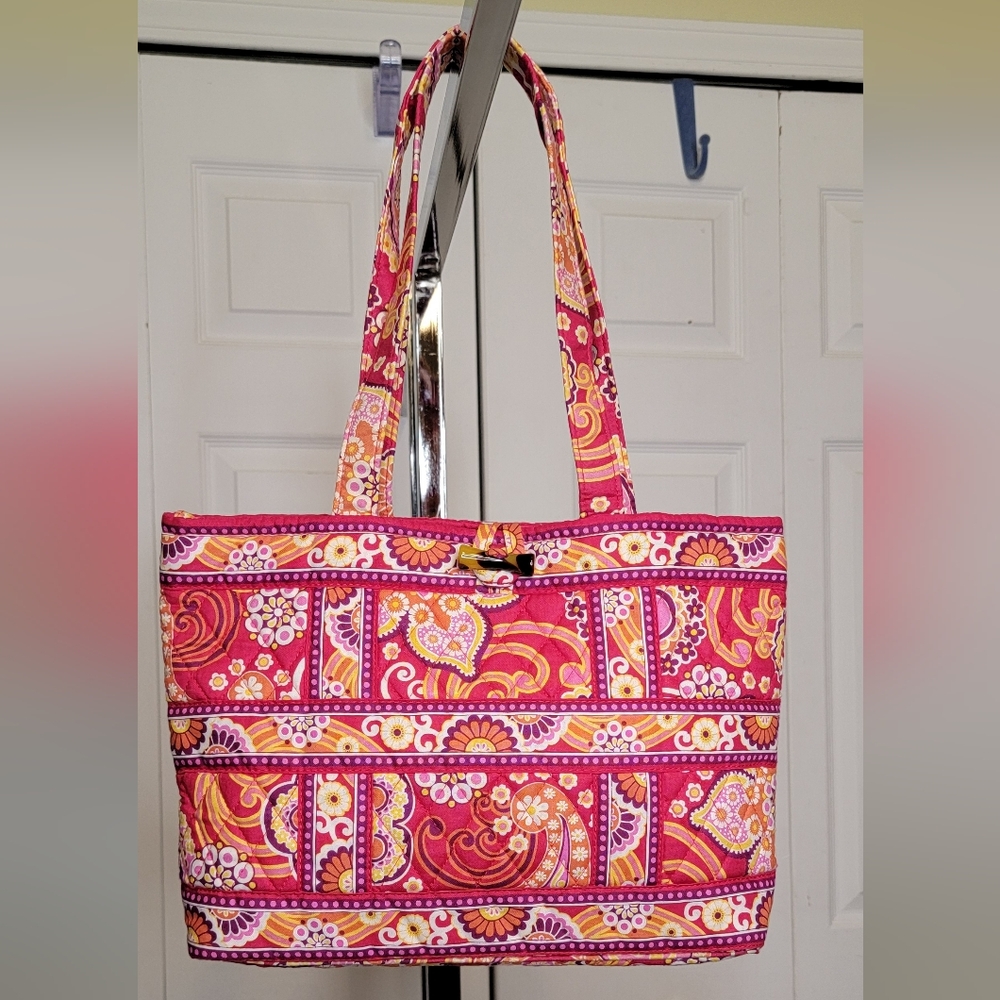 #567-Vera Bradley-Retired Tic Toc Pink, Orange Paisley Patterned Tote Bag